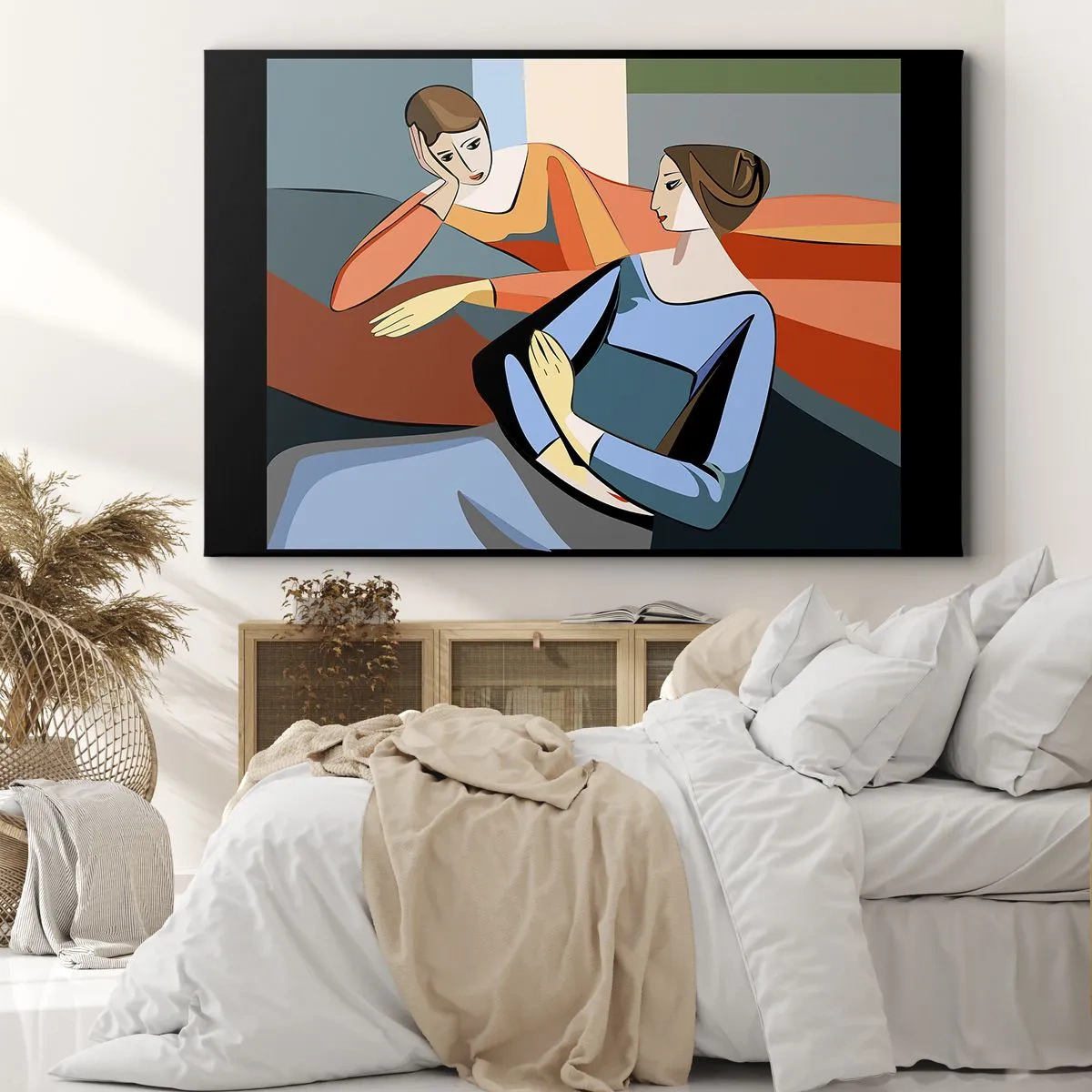 Cuadro sobre lienzo - Impresión de Imagen - Ilustración abstracta de dos mujeres en estilo cubista. - 70x50cm - Un momento de confidencias - Decoración de pared moderna para salón y dormitorio ARTTOR