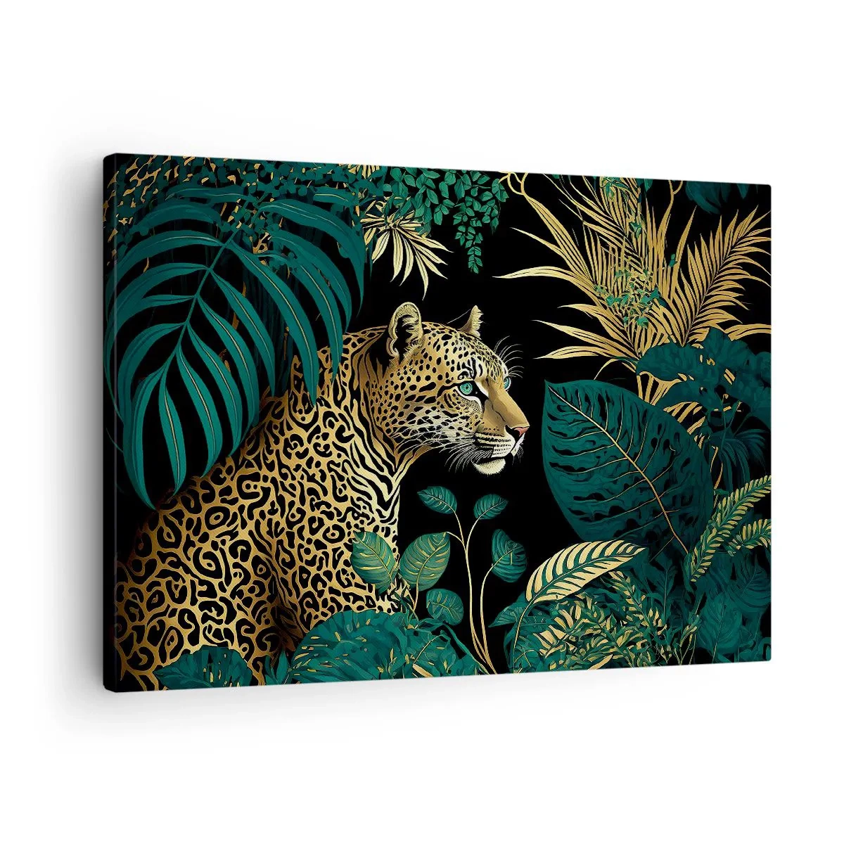 Cuadro sobre lienzo - Impresión de Imagen - Leopardo en hojas tropicales sobre un fondo negro - 70x50cm - El anfitrión en la jungla - Decoración de pared moderna para salón y dormitorio ARTTOR