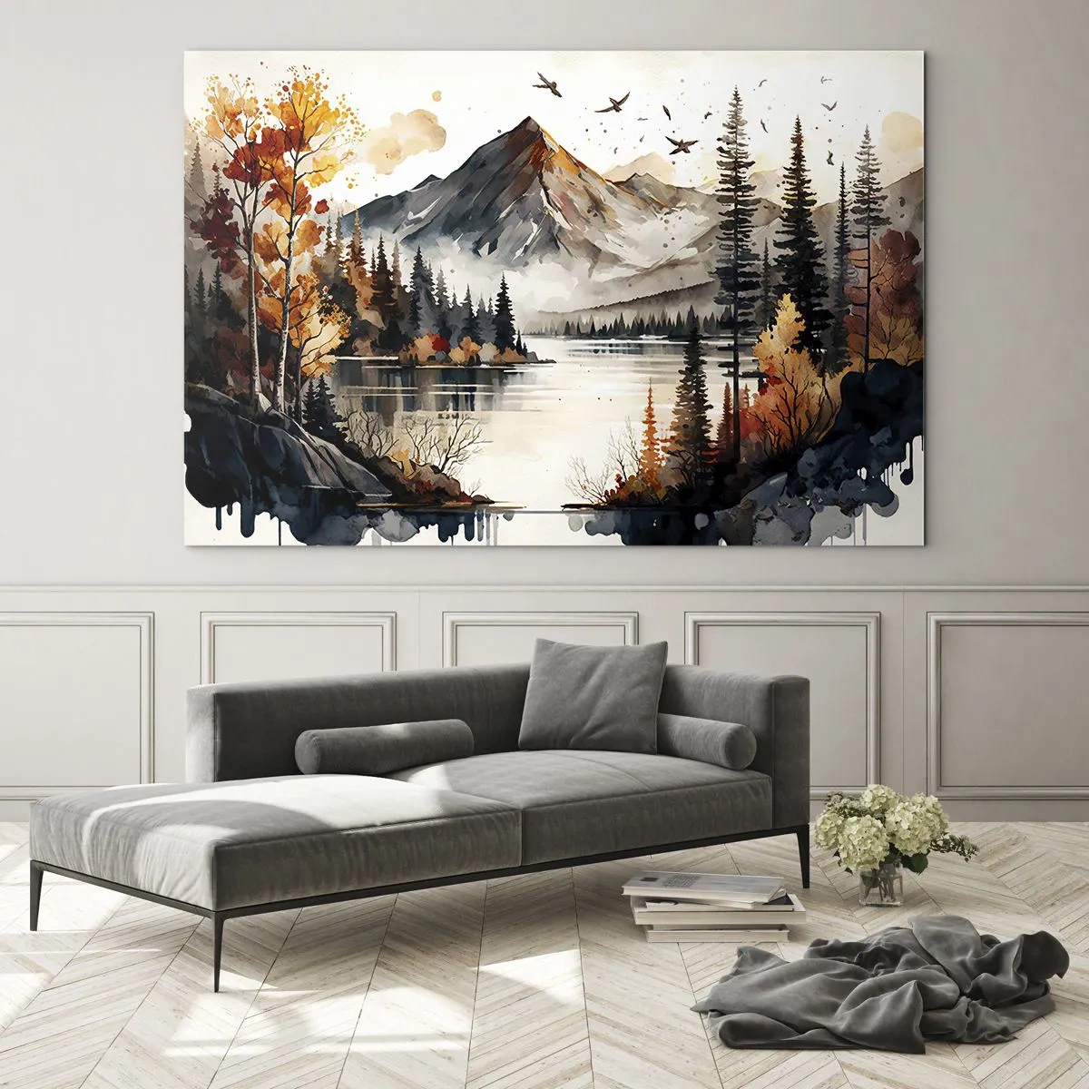 Cuadro sobre vidrio - Impresiones sobre Vidrio - Paisaje otoñal de montaña con lago y bosque - 70x50cm - Otoño dorado en las montañas - Decoración de pared moderna para salón y dormitorio ARTTOR