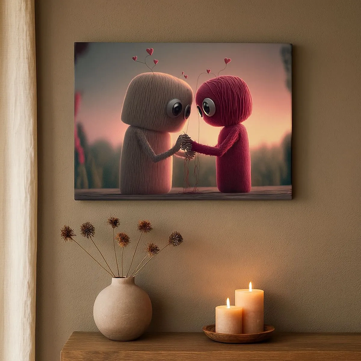Cuadro sobre lienzo - Impresión de Imagen - Personajes de hilo en un encantador entorno con temática de corazones. - 70x50cm - Todo el mundo puede amar - Decoración de pared moderna para salón y dormitorio ARTTOR