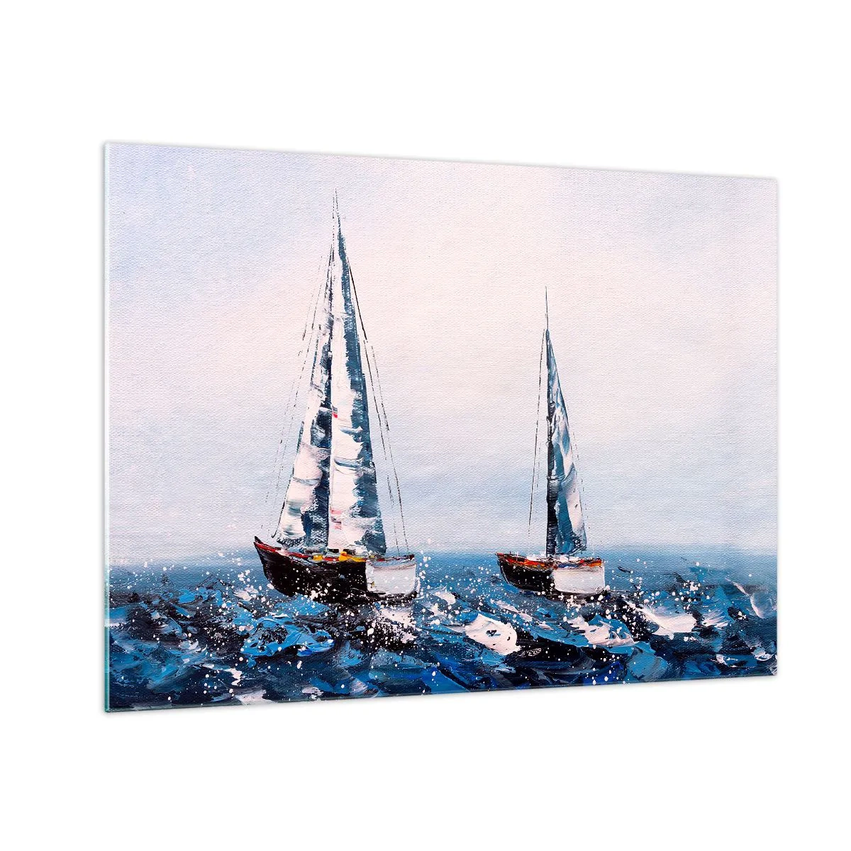 Cuadro sobre vidrio - Impresiones sobre Vidrio - Dos yates en un mar tempestuoso en un estilo pictórico impresionista. - 70x50cm - Hermandad del viento - Decoración de pared moderna para salón y dormitorio ARTTOR