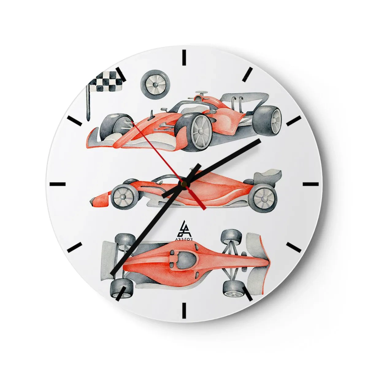 Reloj de pared - Reloj de vidrio - Coches de carreras rojos y una bandera a cuadros sobre un fondo blanco - 30x30cm - Para alcanzar un sueño - Decoración de pared moderna para salón, cocina y dormitorio ARTTOR