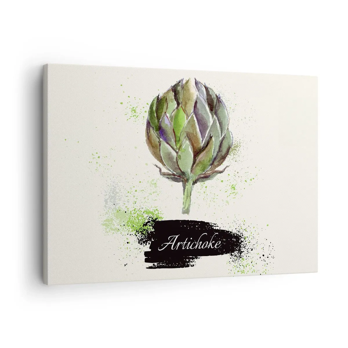 Cuadro sobre lienzo - Impresión de Imagen - Alcachofa de acuarela con texto sobre un fondo claro con acentos verdes. - 70x50cm - El sabor del otoño - Decoración de pared moderna para salón y dormitorio ARTTOR