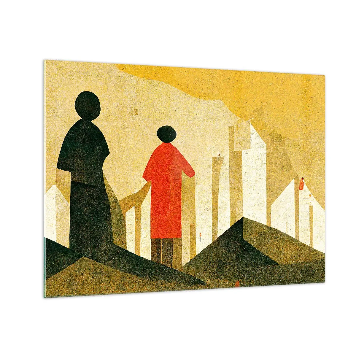 Cuadro sobre vidrio - Impresiones sobre Vidrio - Siluetas geométricas de figuras entre formas altas contra el fondo de un cielo amarillo. - 70x50cm - Todavía lejos del destino - Decoración de pared moderna para salón y dormitorio ARTTOR