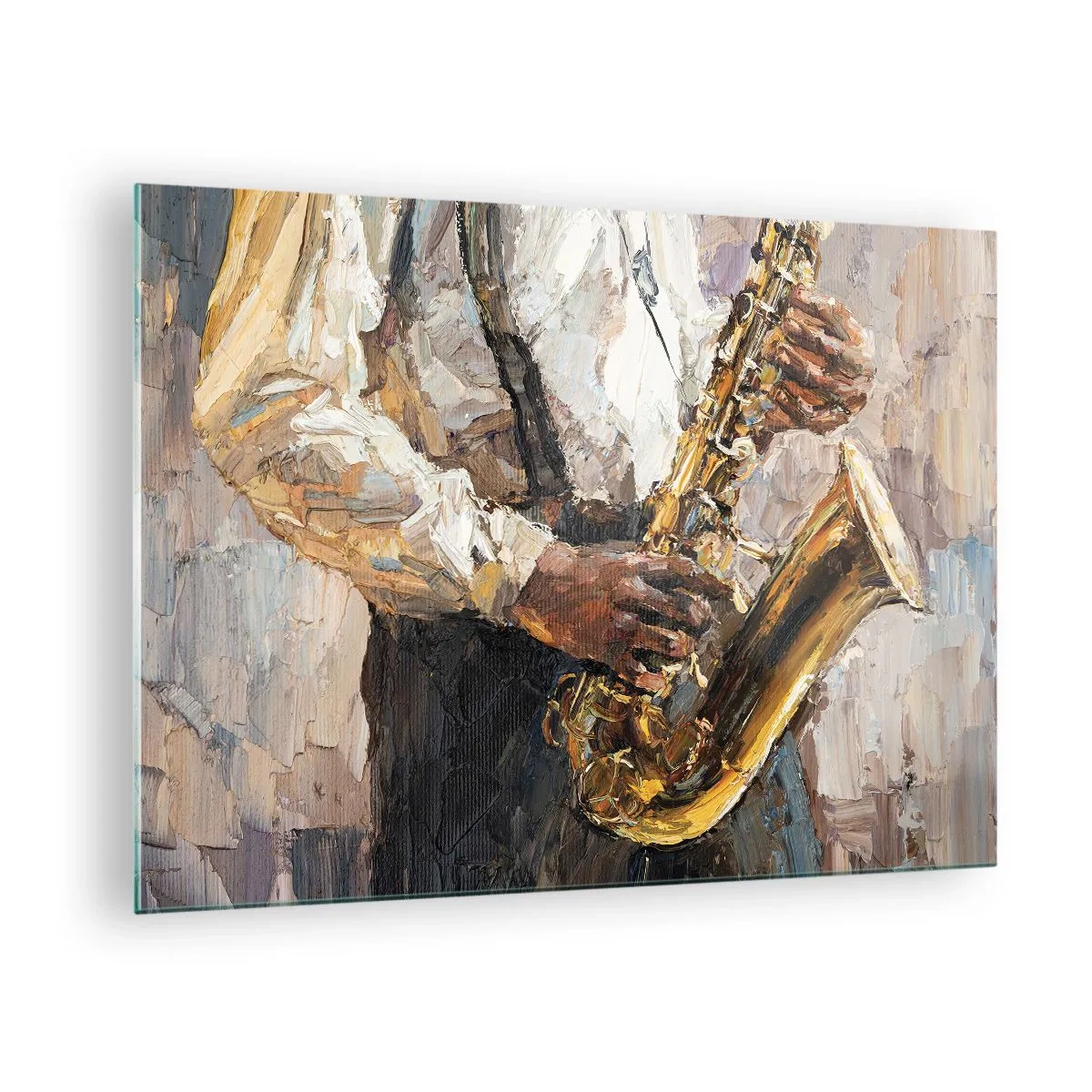 Cuadro sobre vidrio - Impresiones sobre Vidrio - Un músico tocando el saxofón pintado con la técnica del empaste. - 70x50cm - Llegó el momento del solo - Decoración de pared moderna para salón y dormitorio ARTTOR