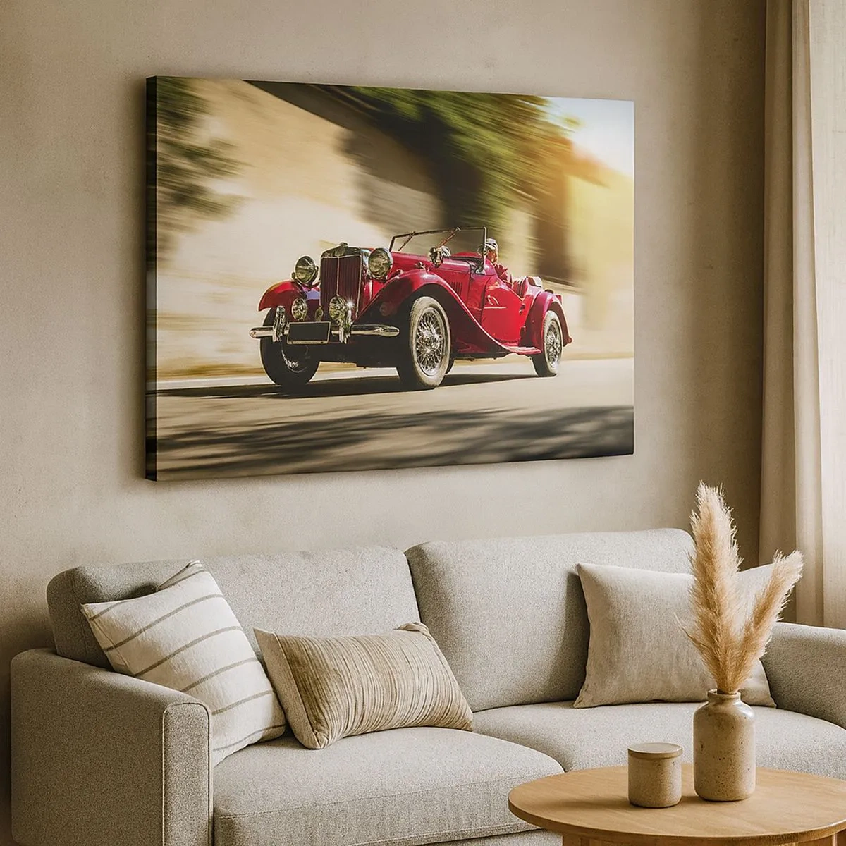 Cuadro sobre lienzo - Impresión de Imagen - Coche clásico rojo en movimiento en una calle soleada - 70x50cm - Hermosa pieza de museo - Decoración de pared moderna para salón y dormitorio ARTTOR