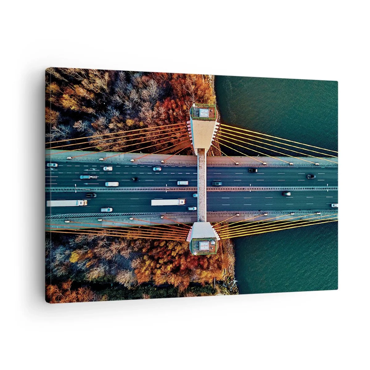 Cuadro sobre lienzo - Impresión de Imagen - Vista aérea del puente sobre el río y el paisaje otoñal. - 70x50cm - Más allá de las aguas, más allá de los bosques - Decoración de pared moderna para salón y dormitorio ARTTOR