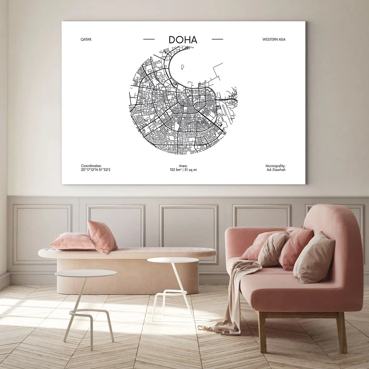 Cuadro sobre vidrio - Impresiones sobre Vidrio - Un mapa gráfico de Doha en un estilo minimalista en blanco y negro. - 70x50cm - Anatomía de Doha - Decoración de pared moderna para salón y dormitorio ARTTOR