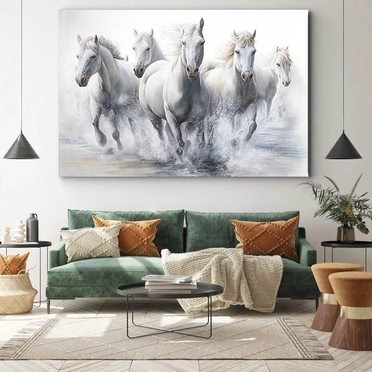 Cuadro sobre lienzo - Impresión de Imagen - Caballos blancos galopando por el agua - 70x50cm - Magia blanca - Decoración de pared moderna para salón y dormitorio ARTTOR