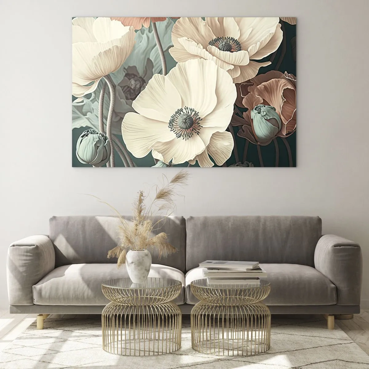 Cuadro sobre vidrio - Impresiones sobre Vidrio - Delicadas amapolas color crema y salmón sobre un fondo oscuro. - 70x50cm - Susurro de amapolas - Decoración de pared moderna para salón y dormitorio ARTTOR