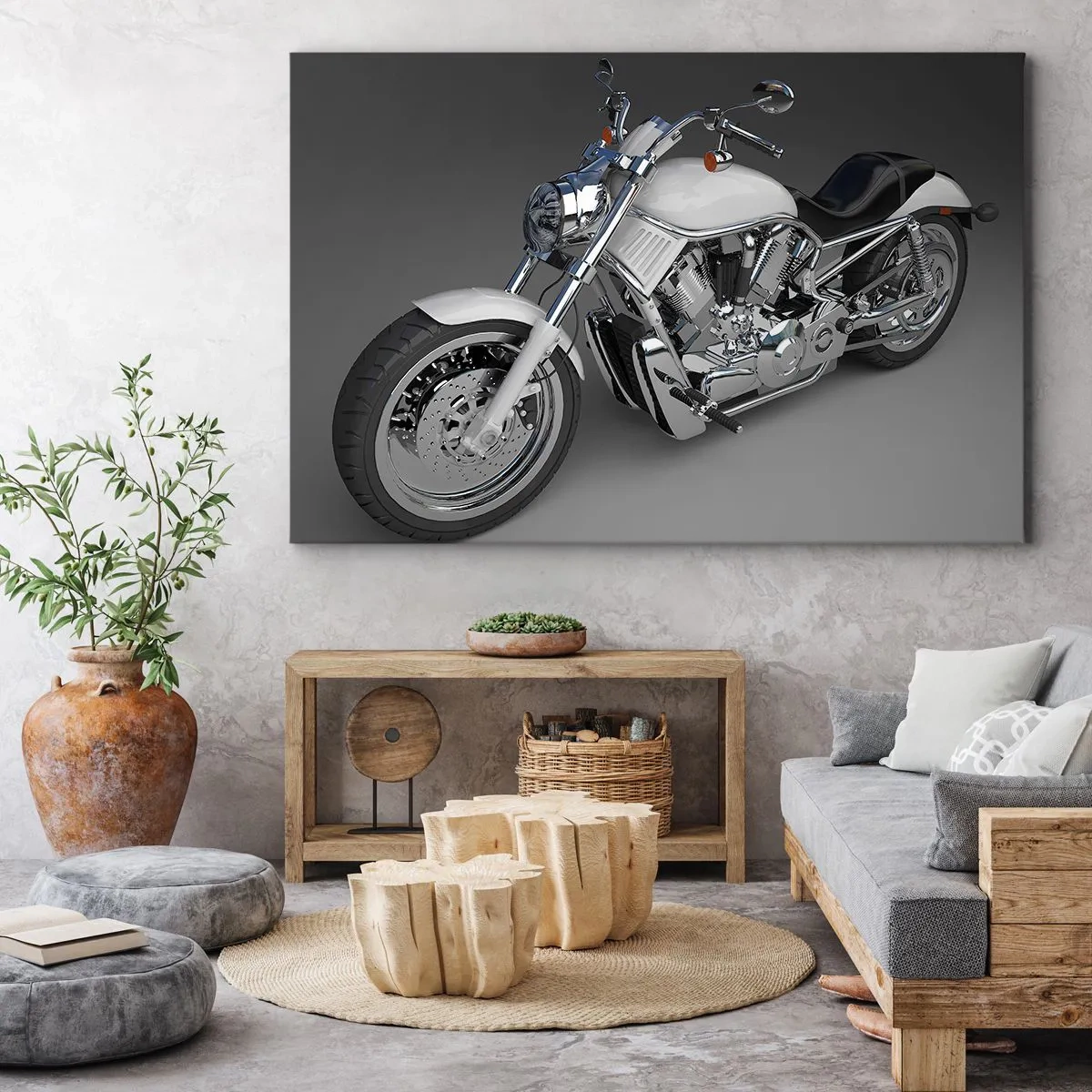 Cuadro sobre lienzo - Impresión de Imagen - Motocicleta cruiser blanca sobre fondo gris - 70x50cm - Solo puedes arrodillarte - Decoración de pared moderna para salón y dormitorio ARTTOR