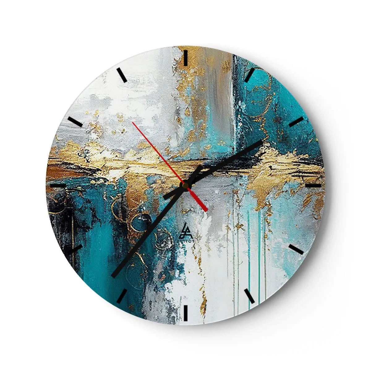 Reloj de pared - Reloj de vidrio - Trazos de pintura abstracta en turquesa, blanco y dorado. - 30x30cm - Todo fluye - Decoración de pared moderna para salón, cocina y dormitorio ARTTOR
