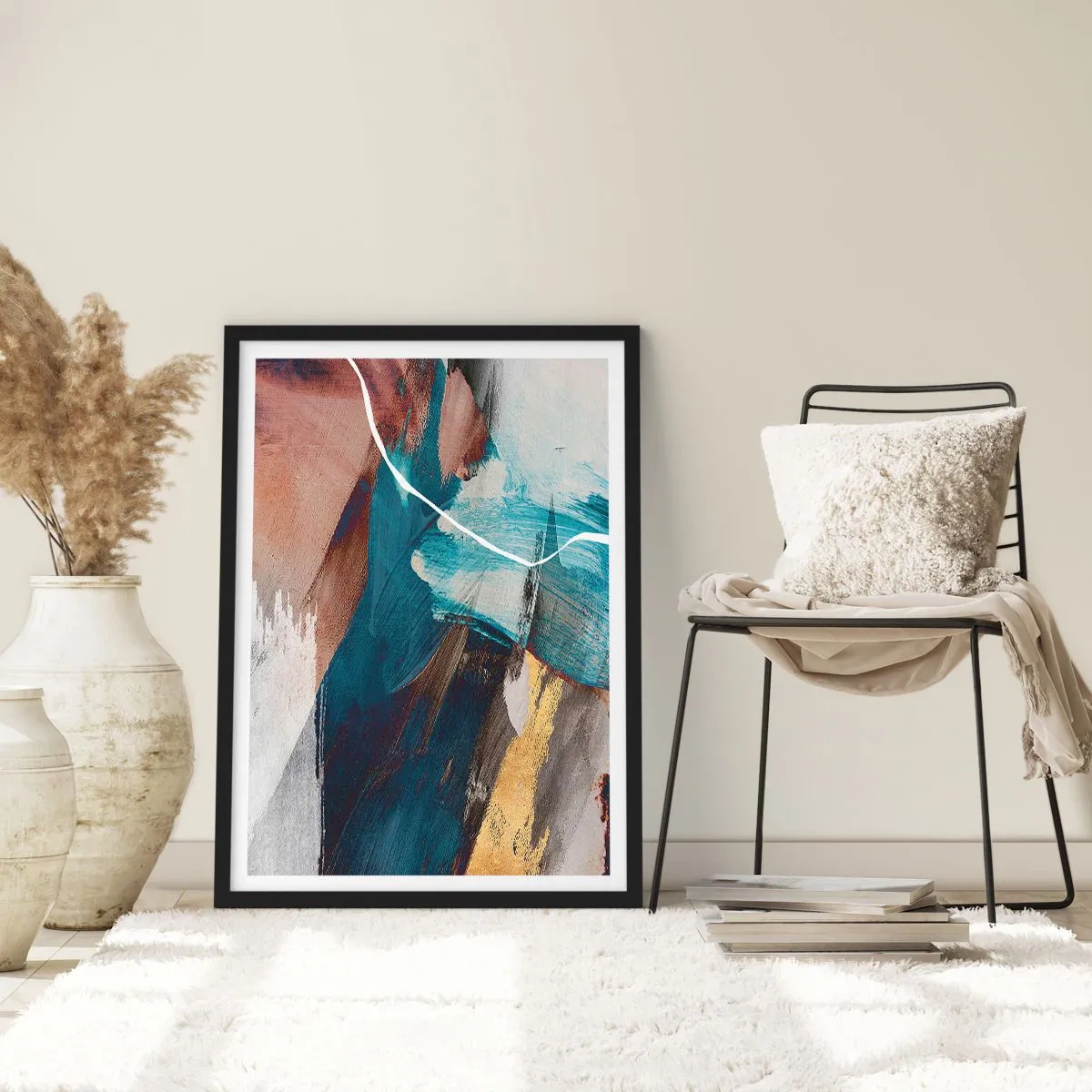 Póster en marco negro - Abstracción expresiva en tonos azules y dorados. - 50x70cm - Con estilo y energía - Decoración de pared moderna para salón y dormitorio ARTTOR