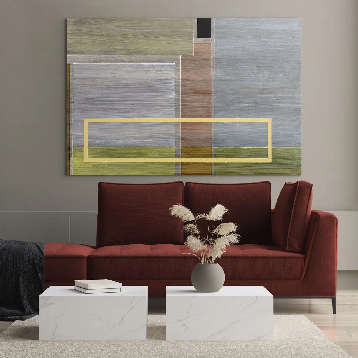 Cuadro sobre vidrio - Impresiones sobre Vidrio - Abstracción moderna con formas rectangulares y colores terrosos. - 70x50cm - Recto y tranquilo - Decoración de pared moderna para salón y dormitorio ARTTOR