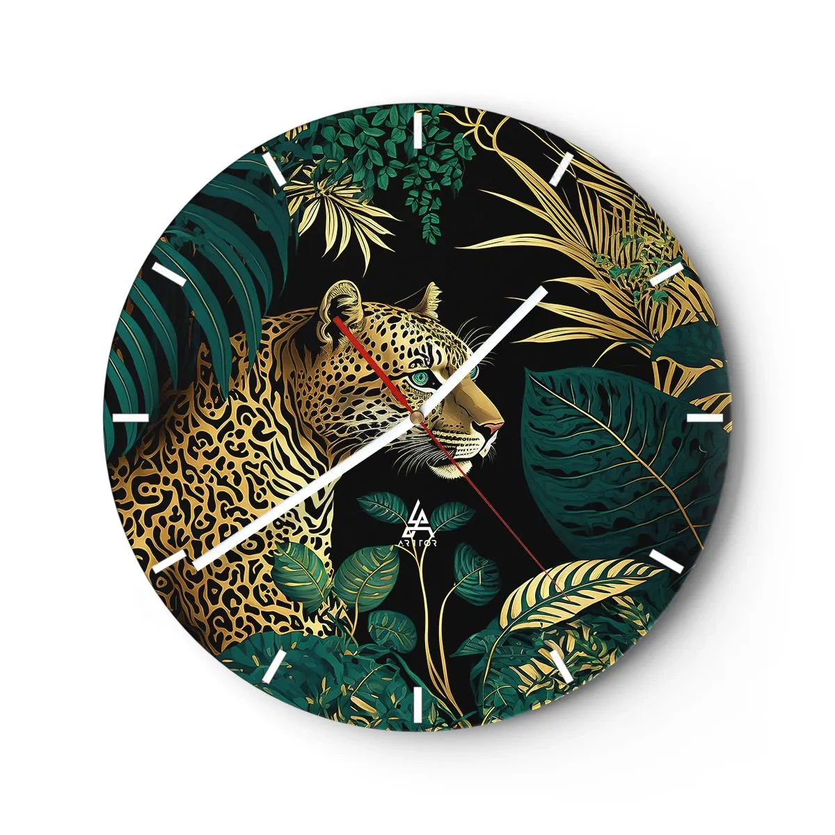Reloj de pared - Reloj de vidrio - Leopardo entre hojas tropicales sobre un fondo negro - 30x30cm - El anfitrión en la jungla - Decoración de pared moderna para salón, cocina y dormitorio ARTTOR