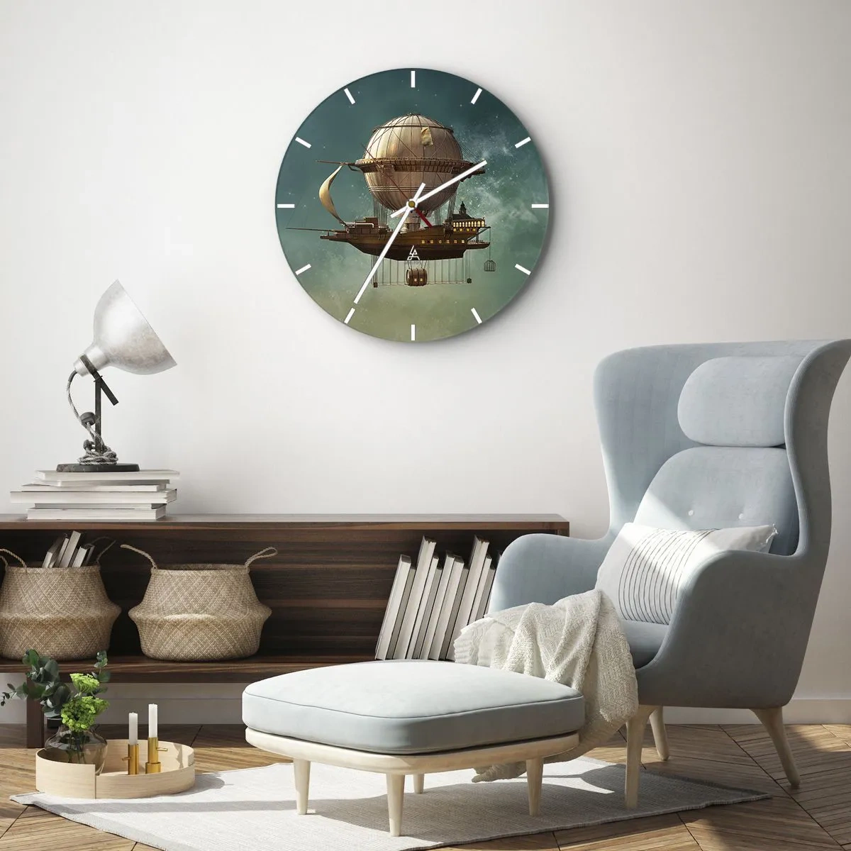 Reloj de pared - Reloj de vidrio - Un fantástico dirigible retro flotando en las nubes. - 30x30cm - Julio Verne saluda - Decoración de pared moderna para salón, cocina y dormitorio ARTTOR