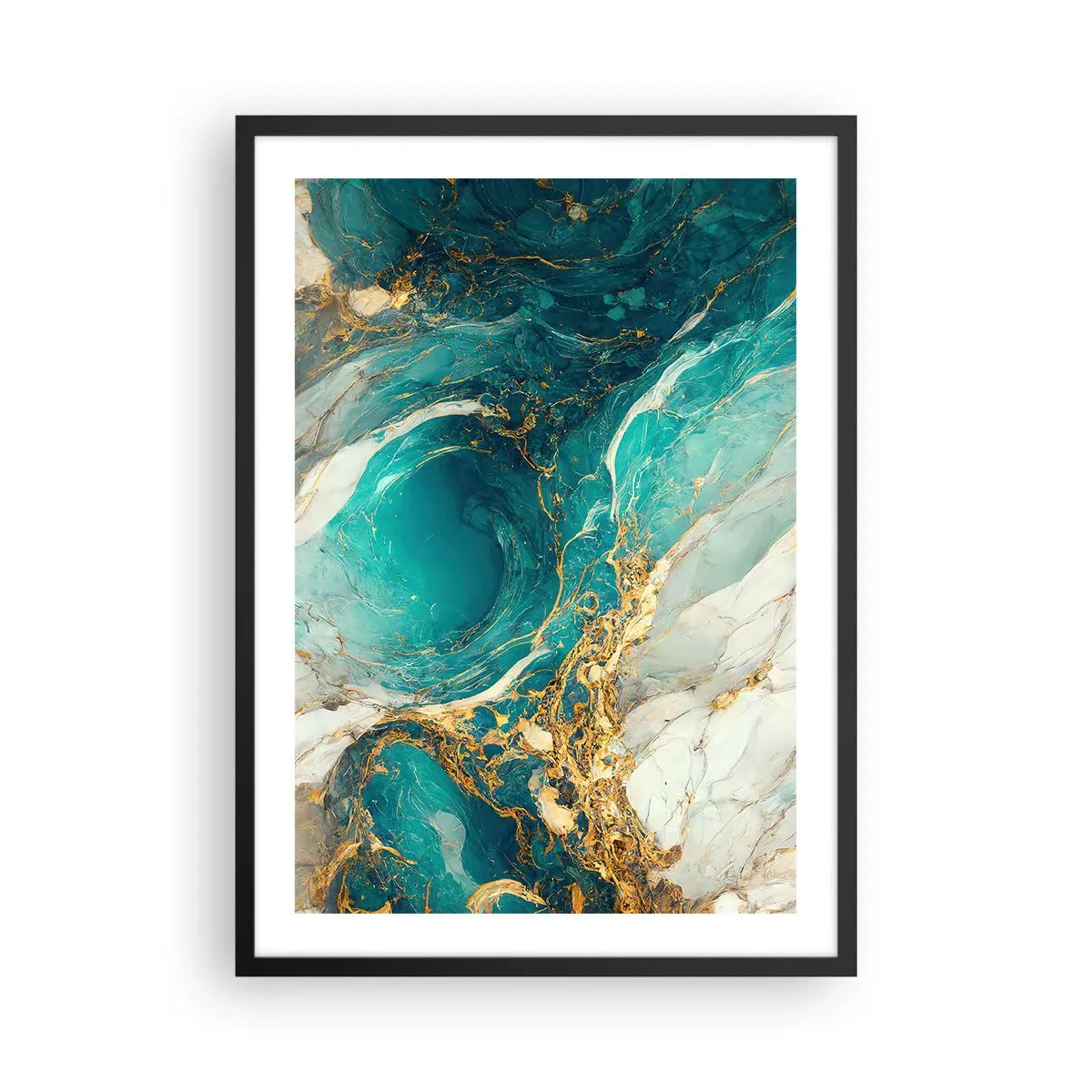 Póster en marco negro - Abstracción turquesa con acentos dorados. - 50x70cm - Composición con vetas de oro - Decoración de pared moderna para salón y dormitorio ARTTOR