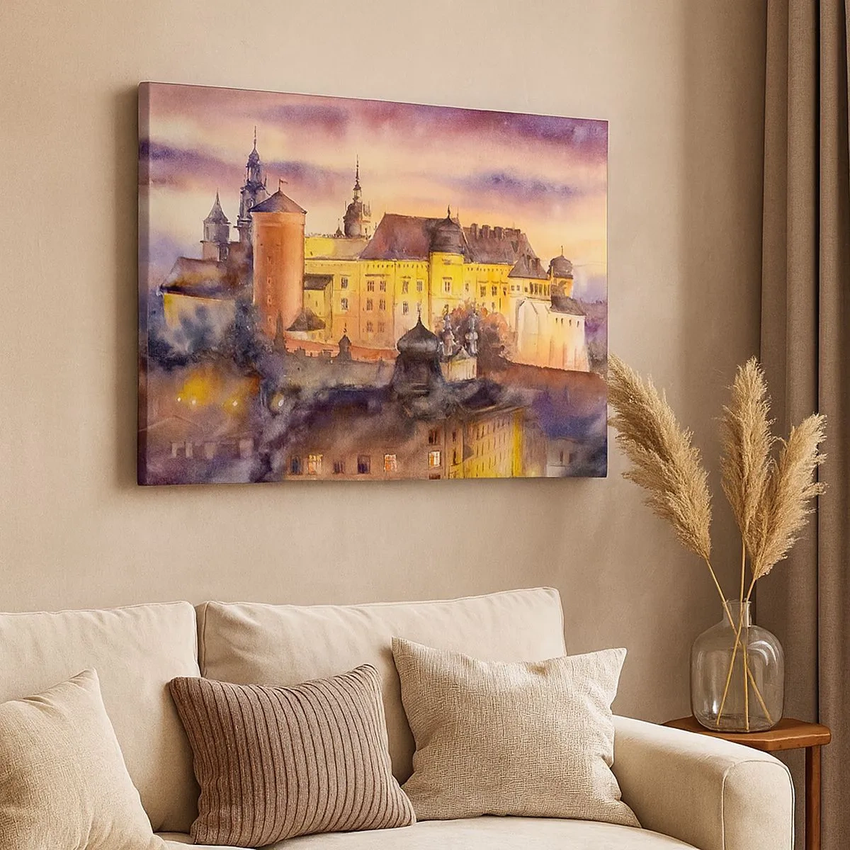 Cuadro sobre lienzo - Impresión de Imagen - Una pintoresca pintura de acuarela de un castillo al atardecer. - 70x50cm - Una historia y un cuento - Decoración de pared moderna para salón y dormitorio ARTTOR