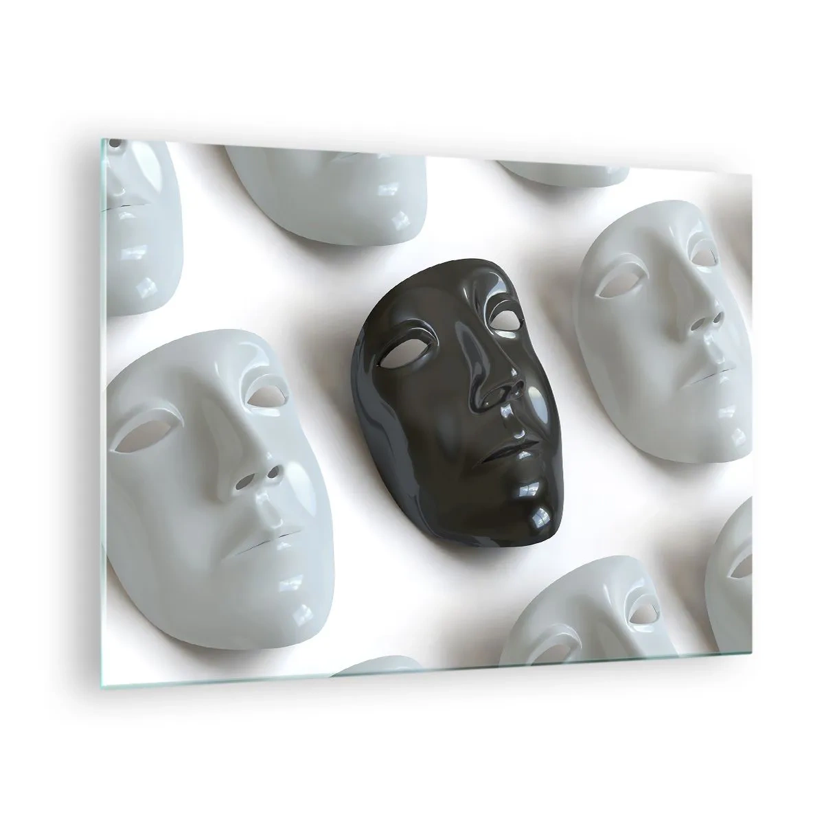 Cuadro sobre vidrio - Impresiones sobre Vidrio - Una máscara en blanco y negro sobre un fondo de máscaras blancas sobre un fondo claro. - 70x50cm - ¿Cómo destacar? - Decoración de pared moderna para salón y dormitorio ARTTOR