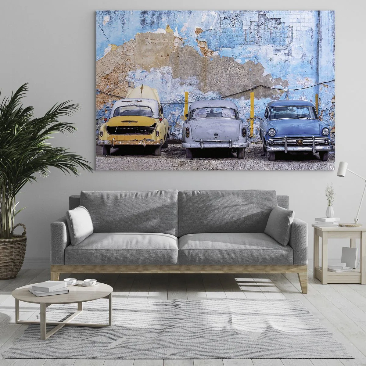 Cuadro sobre vidrio - Impresiones sobre Vidrio - Coches antiguos con un muro en ruinas como telón de fondo - 70x50cm - Reunión de veteranos - Decoración de pared moderna para salón y dormitorio ARTTOR