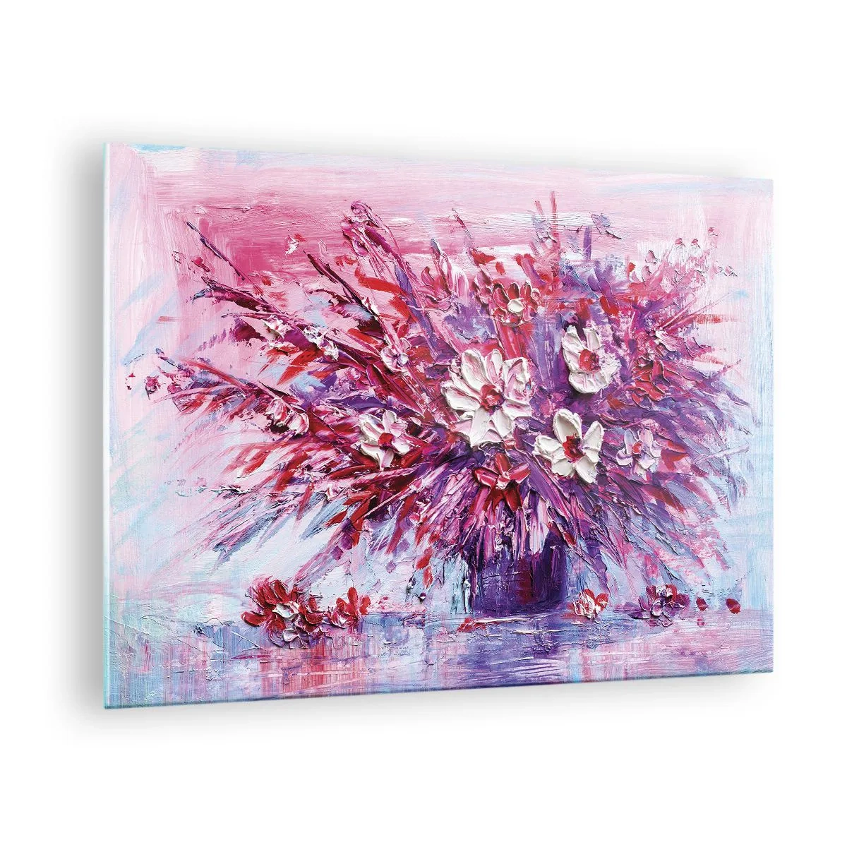 Cuadro sobre vidrio - Impresiones sobre Vidrio - Un ramo de flores en tonos rosa y morado. - 70x50cm - Inocencia y pasión - Decoración de pared moderna para salón y dormitorio ARTTOR