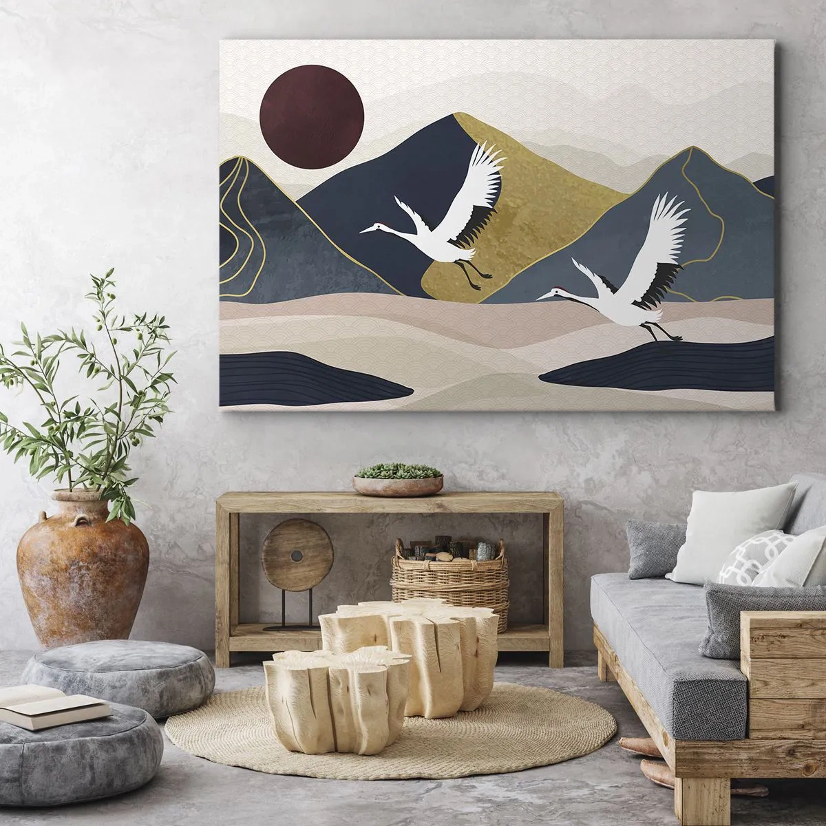 Cuadro sobre lienzo - Impresión de Imagen - Grúas en vuelo con el telón de fondo de montañas y un sol rojo. - 70x50cm - Y el día ha vuelto a pasar volando - Decoración de pared moderna para salón y dormitorio ARTTOR