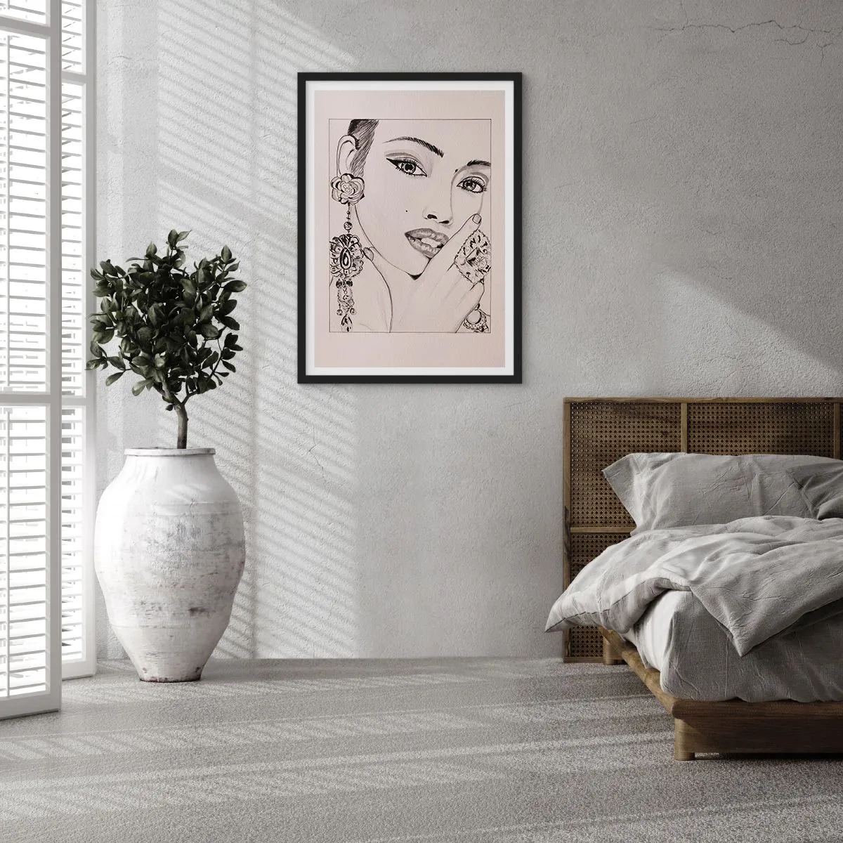 Póster en marco negro - Boceto de una mujer con joyas glamorosas. - 50x70cm - La joya más bella - Decoración de pared moderna para salón y dormitorio ARTTOR
