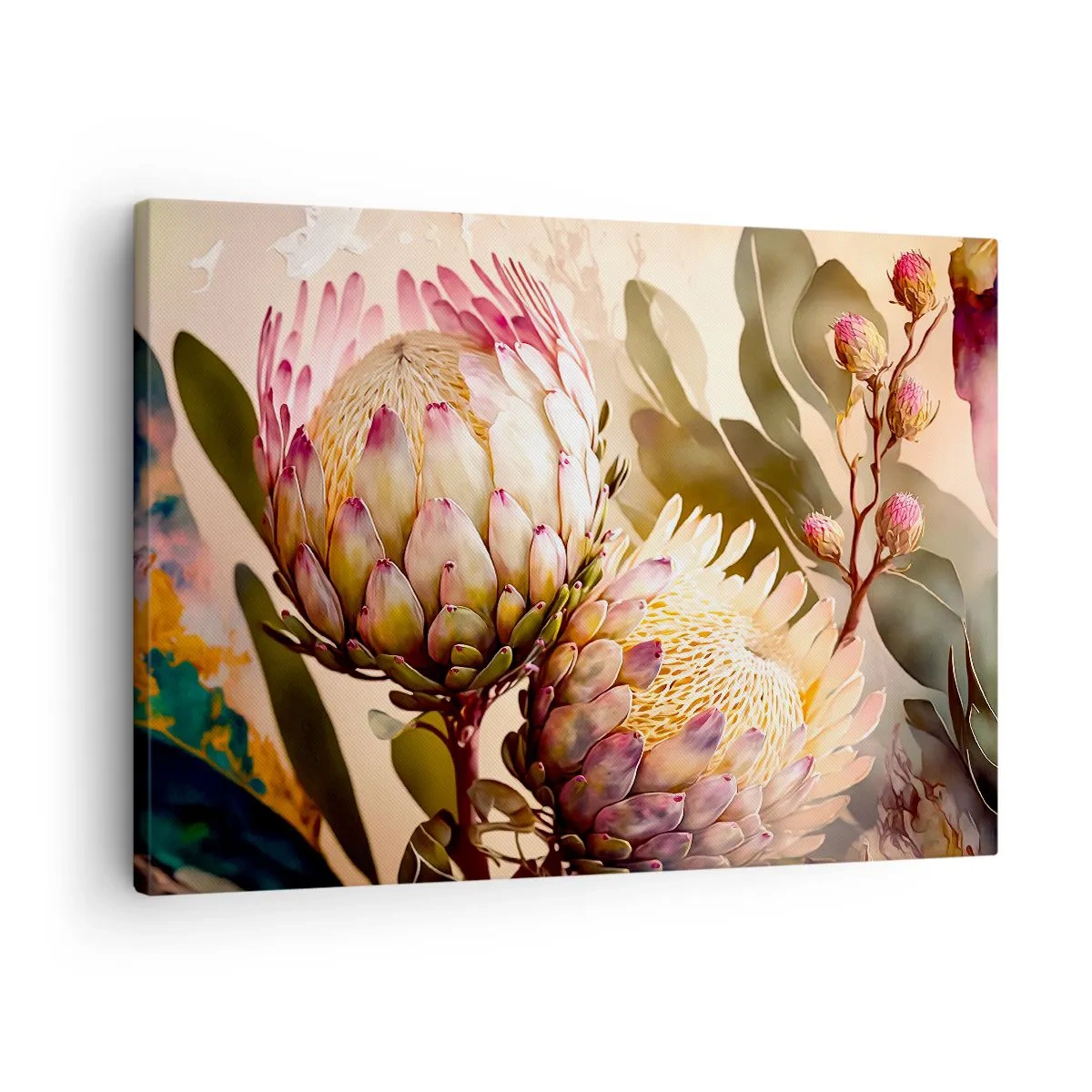 Cuadro sobre lienzo - Impresión de Imagen - Flores de protea coloridas sobre un fondo delicado. - 70x50cm - Abrazados con ternura - Decoración de pared moderna para salón y dormitorio ARTTOR