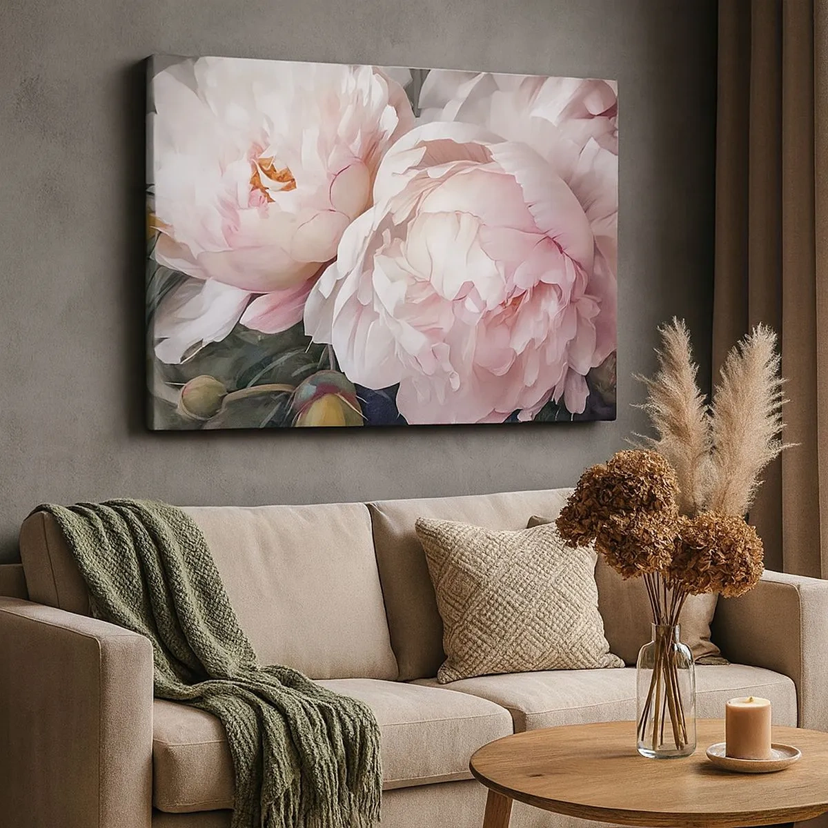 Cuadro sobre lienzo - Impresión de Imagen - Delicadas peonías rosas en plena floración. - 70x50cm - En flor - Decoración de pared moderna para salón y dormitorio ARTTOR