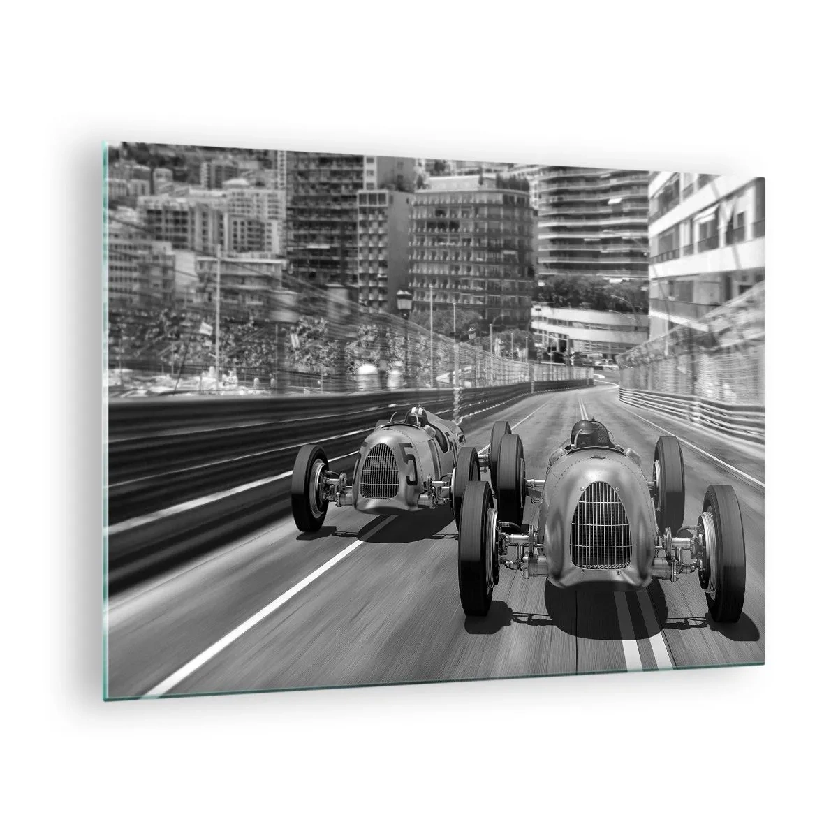 Cuadro sobre vidrio - Impresiones sobre Vidrio - Carrera de coches histórica en blanco y negro - 70x50cm - Érase una vez en Montecarlo - Decoración de pared moderna para salón y dormitorio ARTTOR