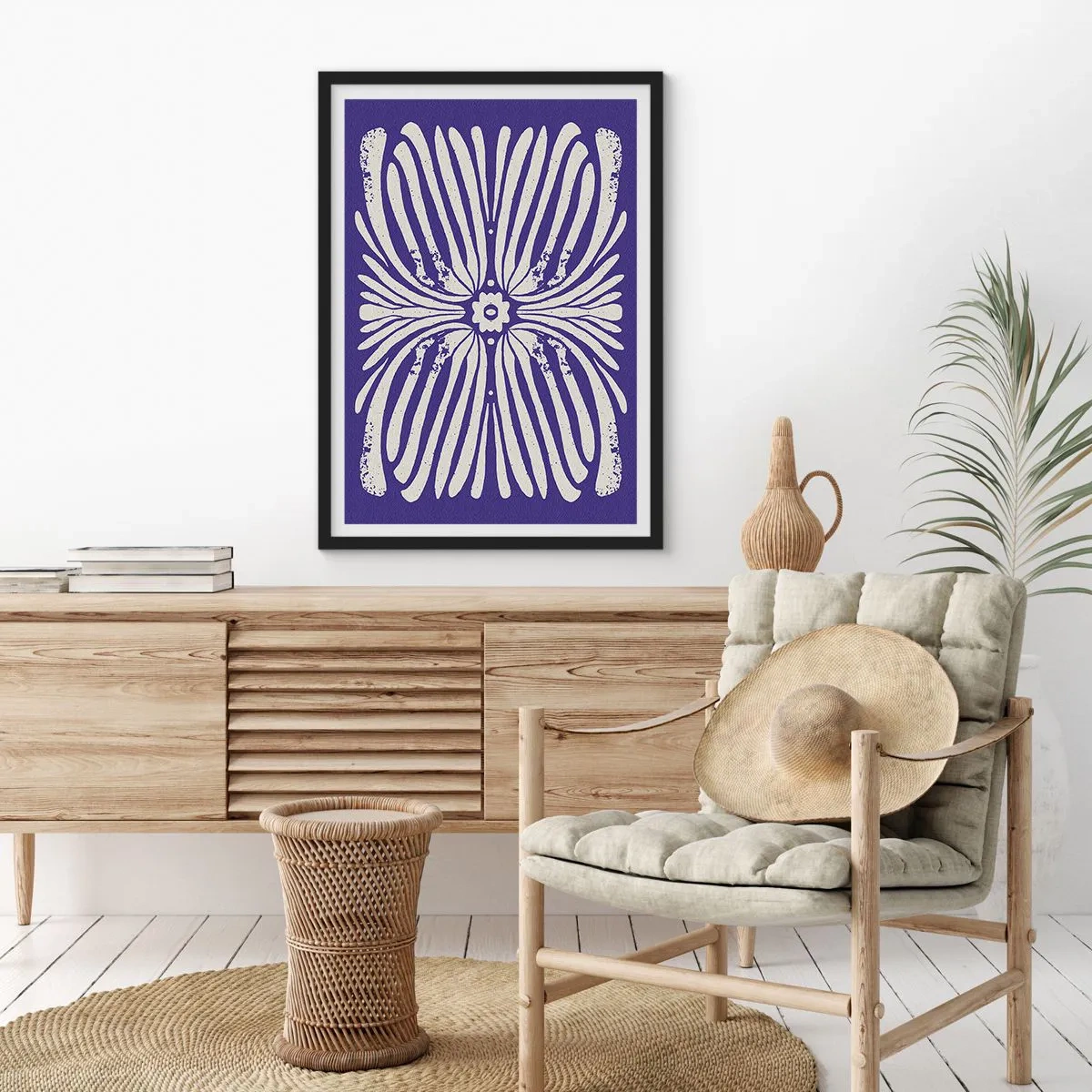 Póster en marco negro - Patrón floral retro simétrico sobre un fondo azul marino. - 50x70cm - Inspiraciones étnicas - Decoración de pared moderna para salón y dormitorio ARTTOR