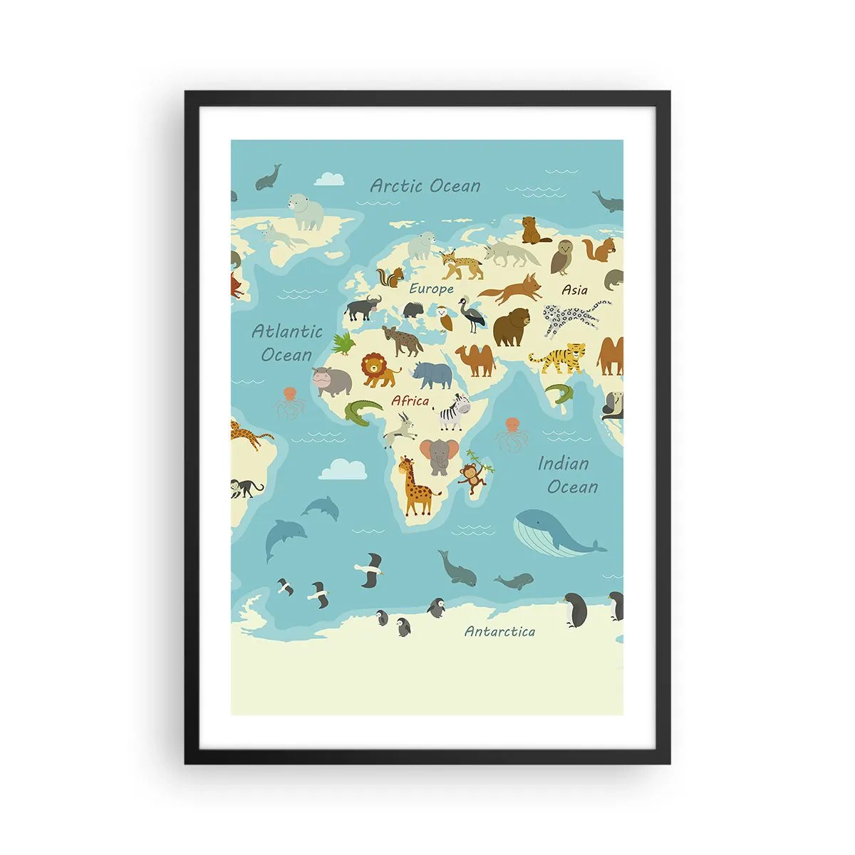 Póster en marco negro - Un mapa del mundo con ilustraciones de animales en diferentes regiones. - 50x70cm - Buenos vecinos - Decoración de pared moderna para salón y dormitorio ARTTOR