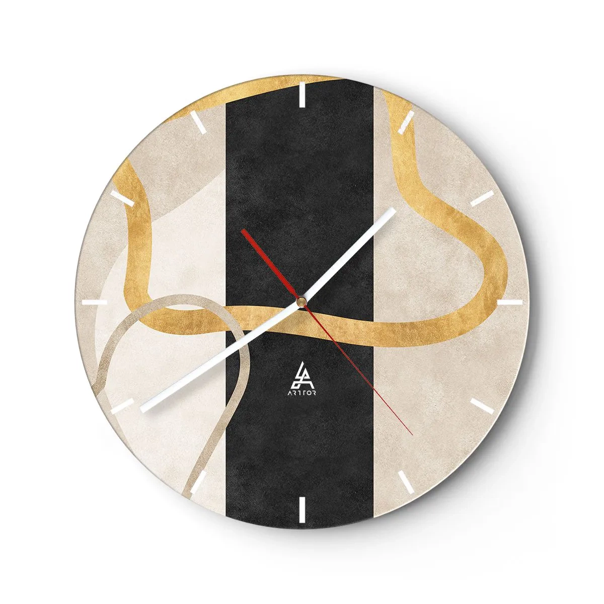Reloj de pared - Reloj de vidrio - Líneas doradas sobre una raya negra y formas beige. - 30x30cm - Formas en bucle - Decoración de pared moderna para salón, cocina y dormitorio ARTTOR