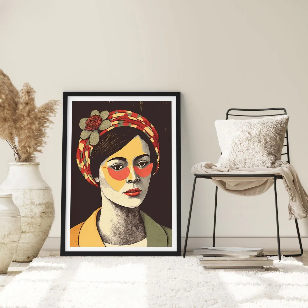 Póster en marco negro - Retrato estilizado de una mujer con turbante y acento floral. - 50x70cm - Dama de sombra y color - Decoración de pared moderna para salón y dormitorio ARTTOR