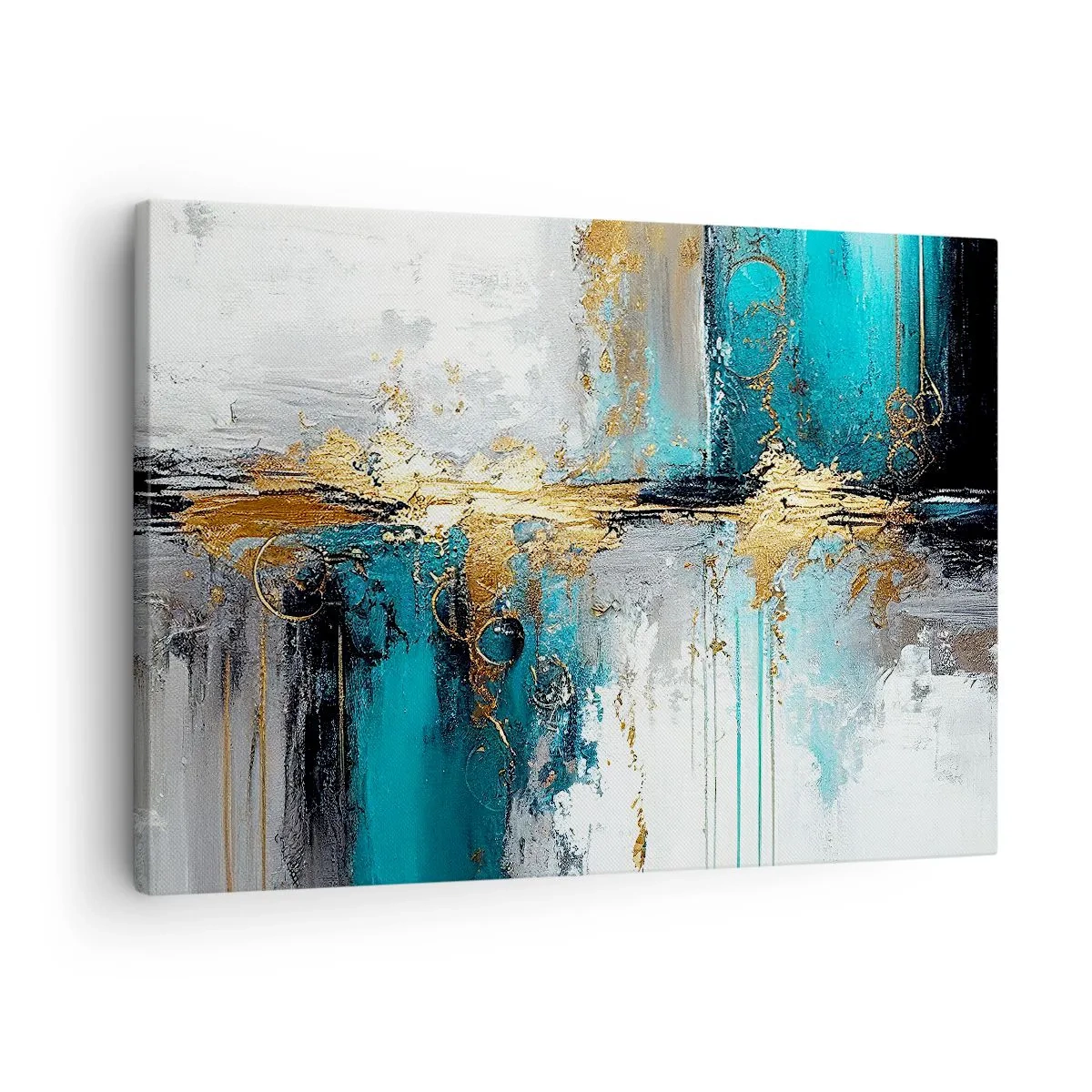 Cuadro sobre lienzo - Impresión de Imagen - Una composición abstracta con acentos turquesa y dorado. - 70x50cm - Todo fluye - Decoración de pared moderna para salón y dormitorio ARTTOR