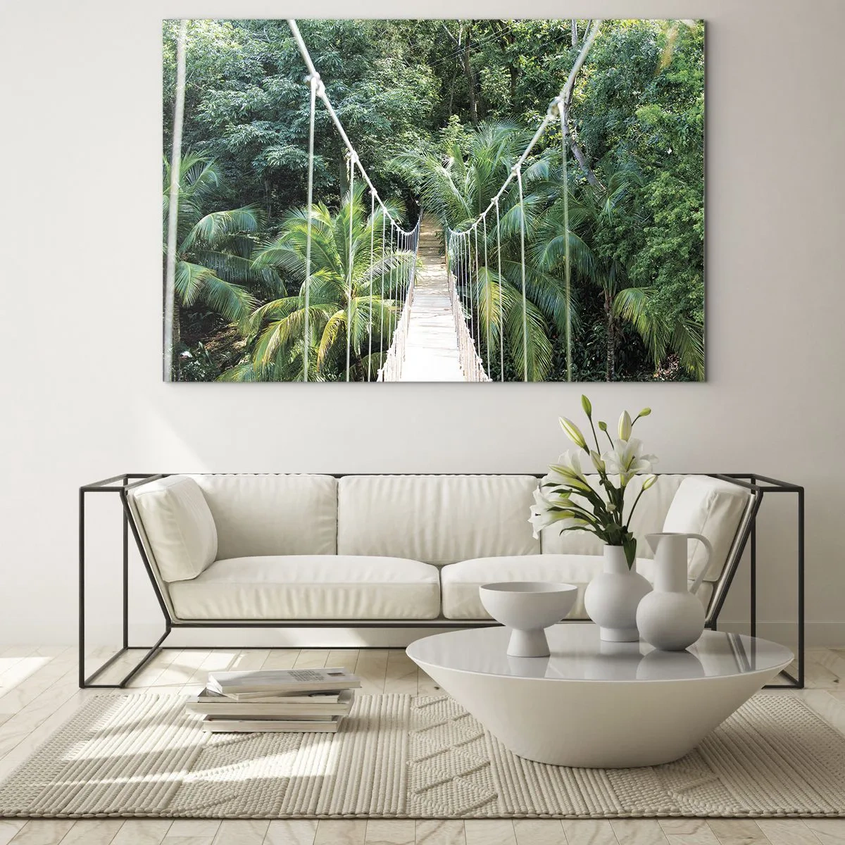 Cuadro sobre vidrio - Impresiones sobre Vidrio - Puente colgante en un bosque tropical - 70x50cm - ¡Bienvenido a la selva! - Decoración de pared moderna para salón y dormitorio ARTTOR