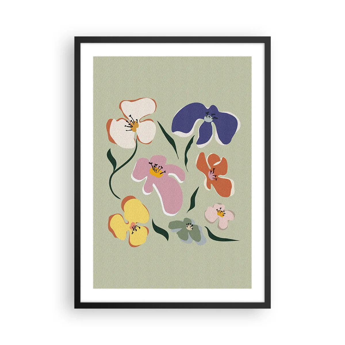 Póster en marco negro - Flores de colores sobre un fondo verde en un estilo artístico. - 50x70cm - Reunión de hermanas - Decoración de pared moderna para salón y dormitorio ARTTOR