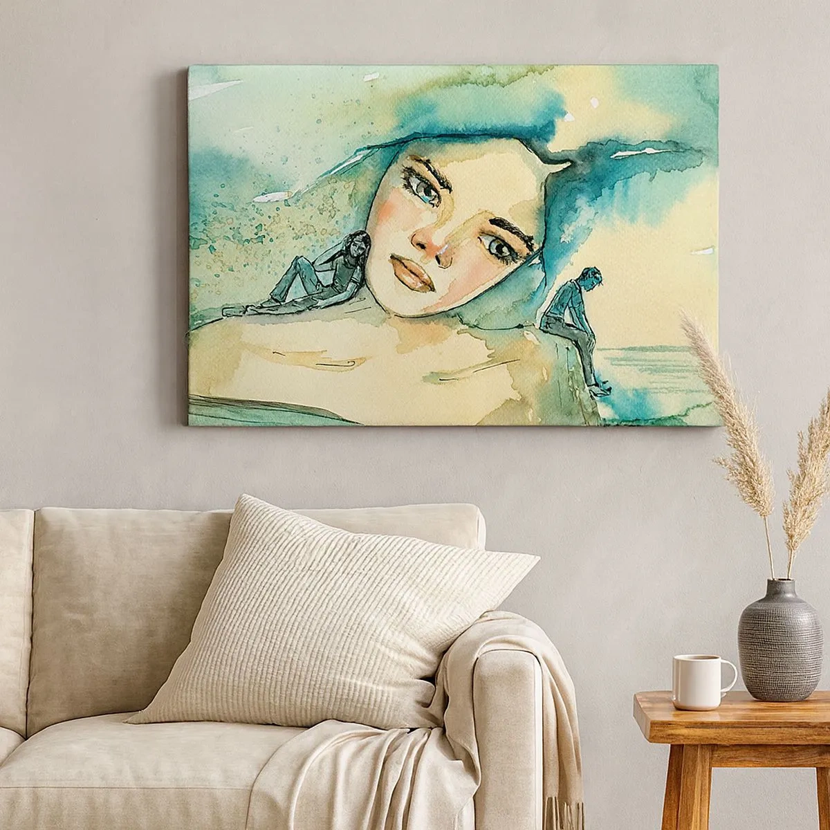 Cuadro sobre lienzo - Impresión de Imagen - Acuarela de rostro de mujer con motivo reflectante. - 70x50cm - ¿Soy azul? - Decoración de pared moderna para salón y dormitorio ARTTOR
