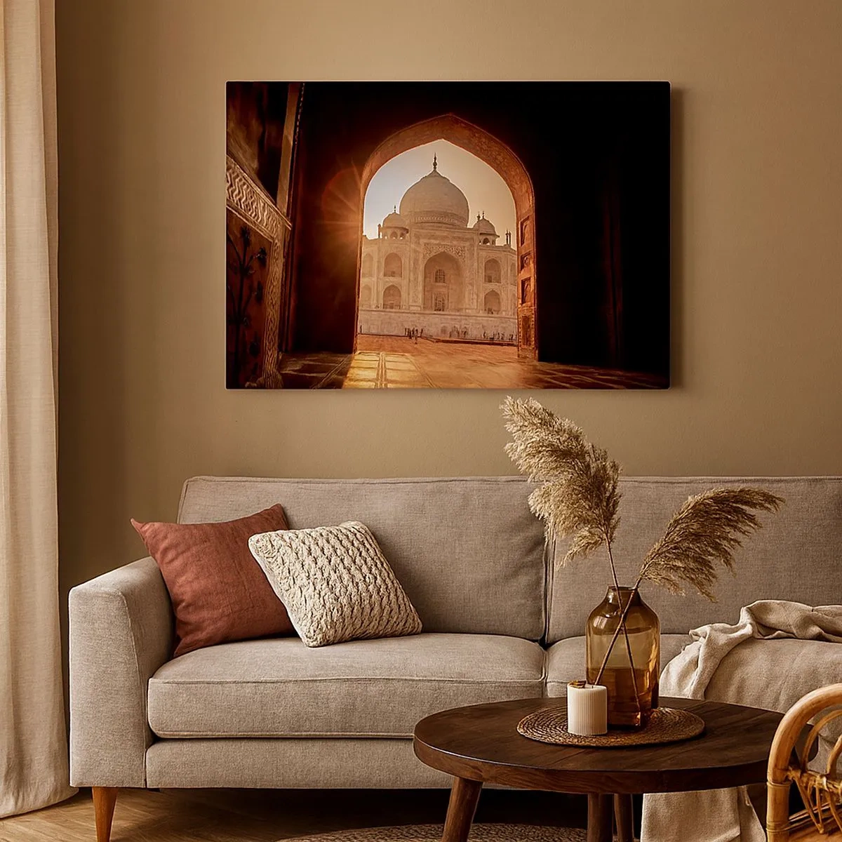 Cuadro sobre lienzo - Impresión de Imagen - Taj Mahal a la luz del sol visto desde el arco de la puerta - 70x50cm - Un monumento al amor sobrenatural - Decoración de pared moderna para salón y dormitorio ARTTOR