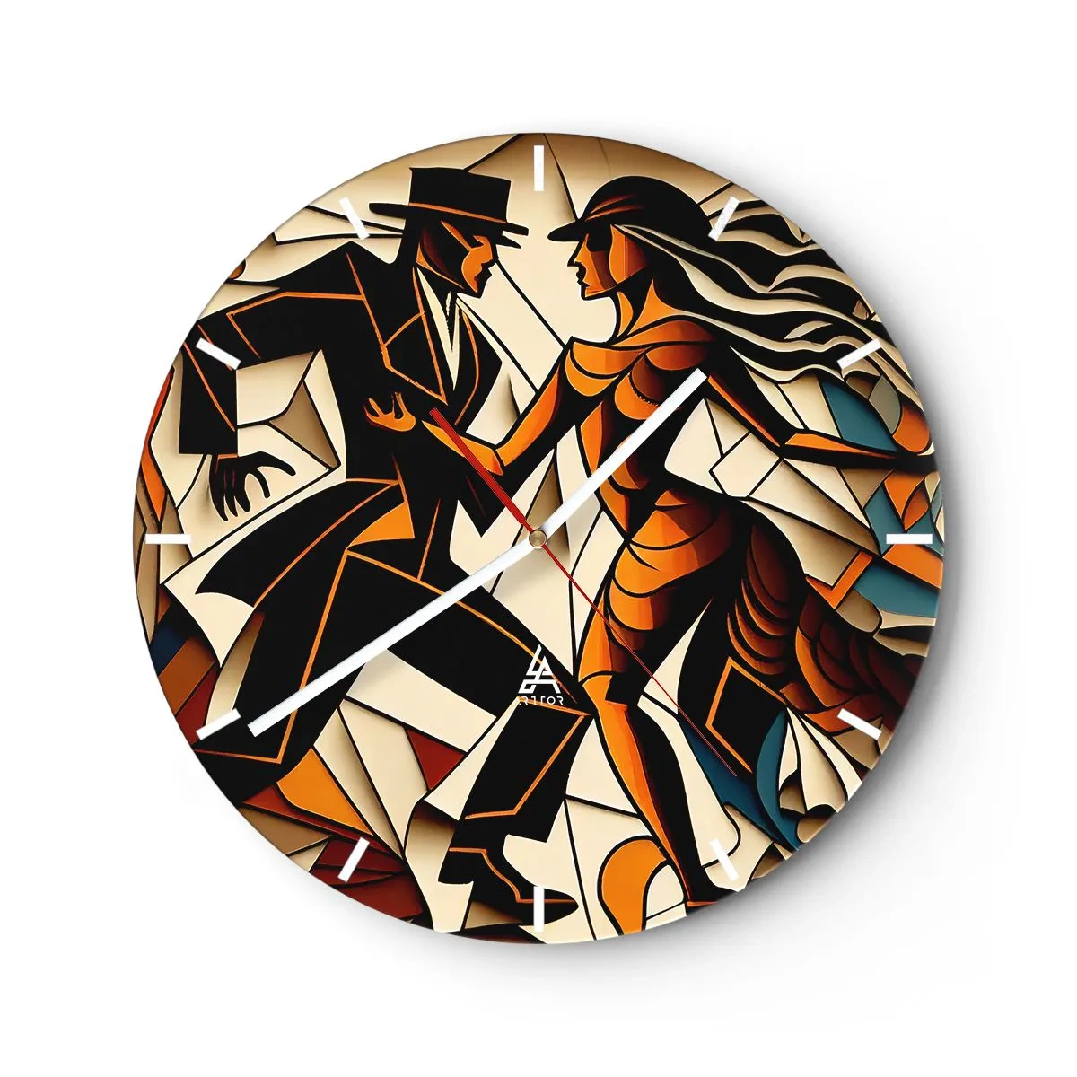 Reloj de pared - Reloj de vidrio - Una pareja bailando en estilo Art Decó con tonos cálidos. - 30x30cm - Danza de pasión - Decoración de pared moderna para salón, cocina y dormitorio ARTTOR