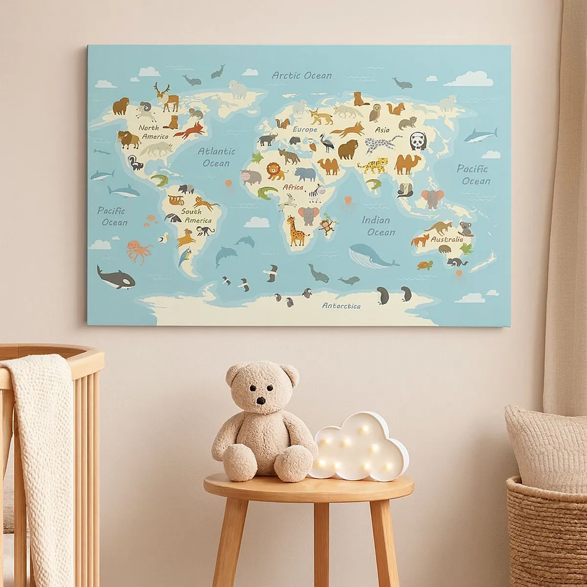 Cuadro sobre lienzo - Impresión de Imagen - Mapa del mundo con ilustraciones de animales - 70x50cm - Buenos vecinos - Decoración de pared moderna para salón y dormitorio ARTTOR