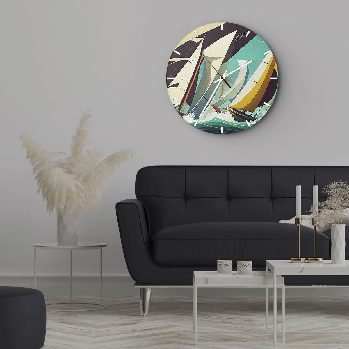 Reloj de pared - Reloj de vidrio - Veleros de estilo gráfico en un mar turquesa tormentoso - 30x30cm - Afrontar los elementos - Decoración de pared moderna para salón, cocina y dormitorio ARTTOR
