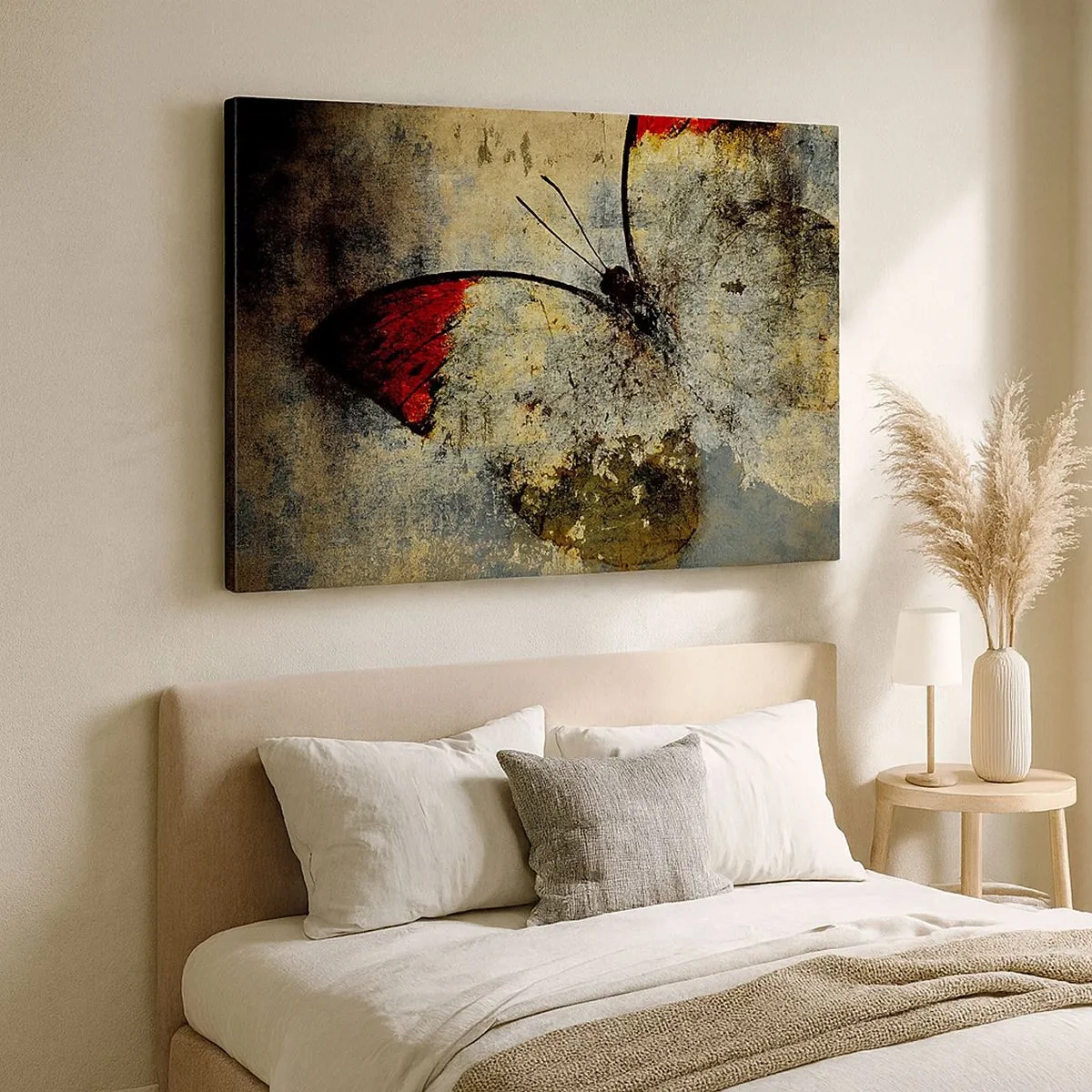 Cuadro sobre lienzo - Impresión de Imagen - Una mariposa en tonos rojos y grises sobre un fondo texturizado. - 70x50cm - Mira antes de que desaparezca - Decoración de pared moderna para salón y dormitorio ARTTOR