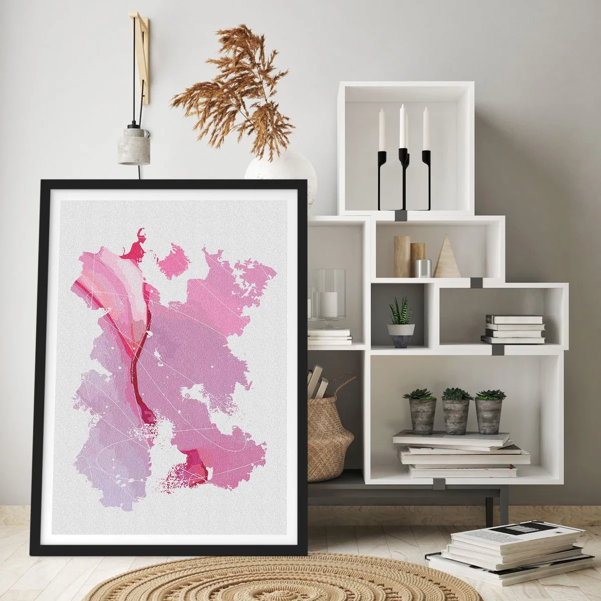 Póster en marco negro - Mapa abstracto en tonos rosa y morado - 50x70cm - Mapa de un mundo rosa - Decoración de pared moderna para salón y dormitorio ARTTOR