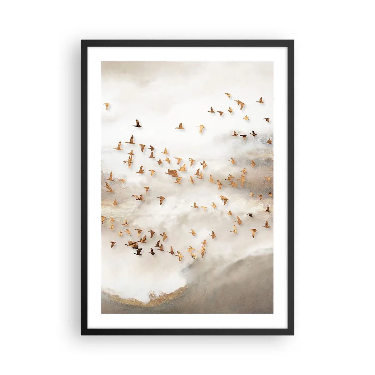 Póster en marco negro - Una bandada de pájaros flotando entre las nubes brumosas. - 50x70cm - Es hora... - Decoración de pared moderna para salón y dormitorio ARTTOR