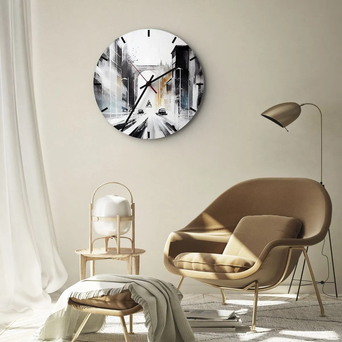 Reloj de pared - Reloj de vidrio - Una visión pictórica de una calle de la ciudad con coches y edificios. - 30x30cm - Estudio de la ciudad: arquitectura y movimiento - Decoración de pared moderna para salón, cocina y dormitorio ARTTOR