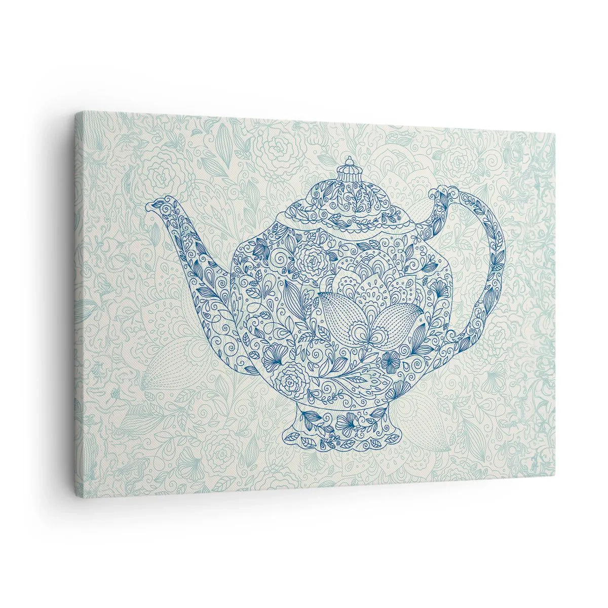 Cuadro sobre lienzo - Impresión de Imagen - Dibujo decorativo de una tetera con adornos azules. - 70x50cm - El encanto del té - Decoración de pared moderna para salón y dormitorio ARTTOR