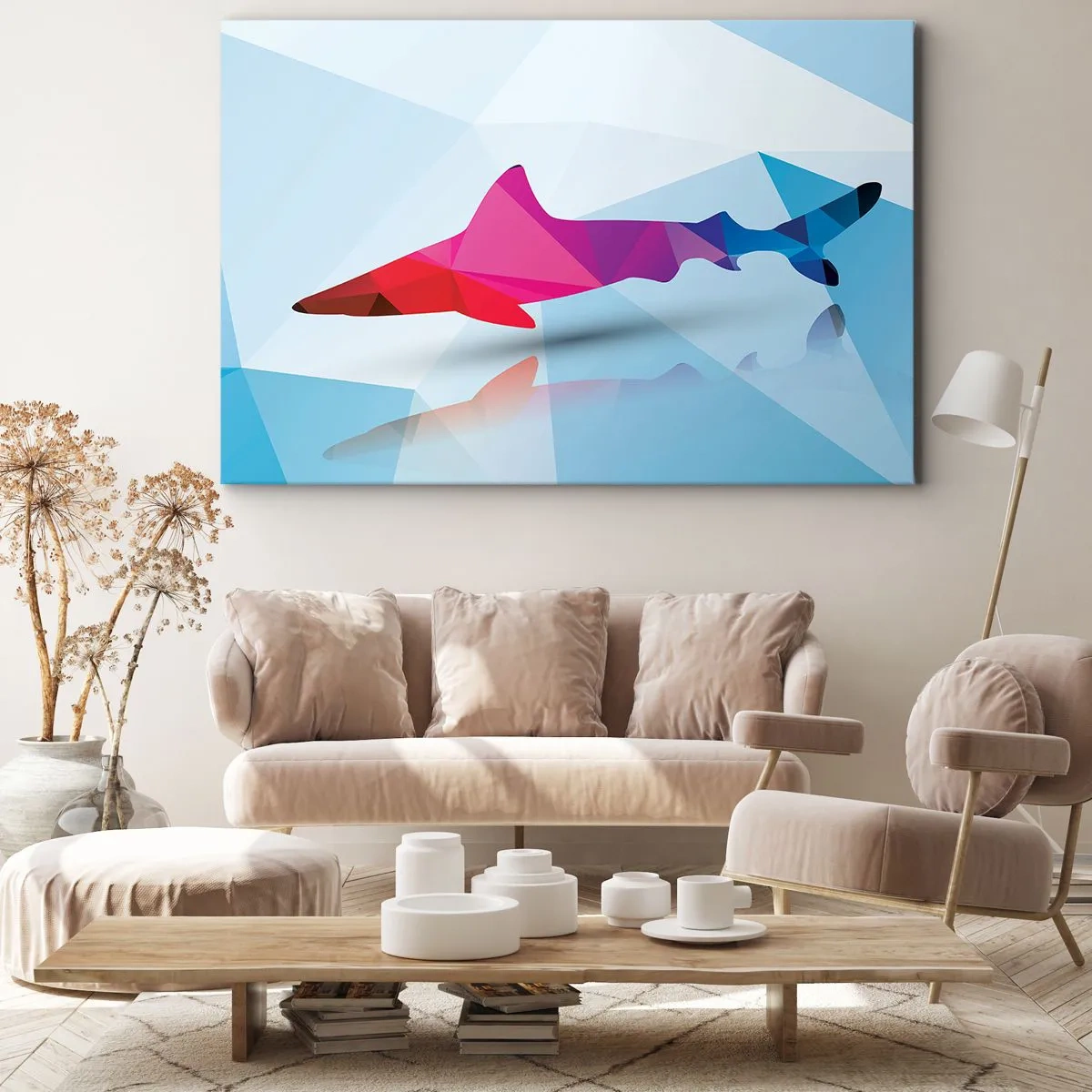 Cuadro sobre lienzo - Impresión de Imagen - Silueta geométrica de tiburón en tonos rosa y azul. - 70x50cm - Tiburón en espacio cristalino - Decoración de pared moderna para salón y dormitorio ARTTOR