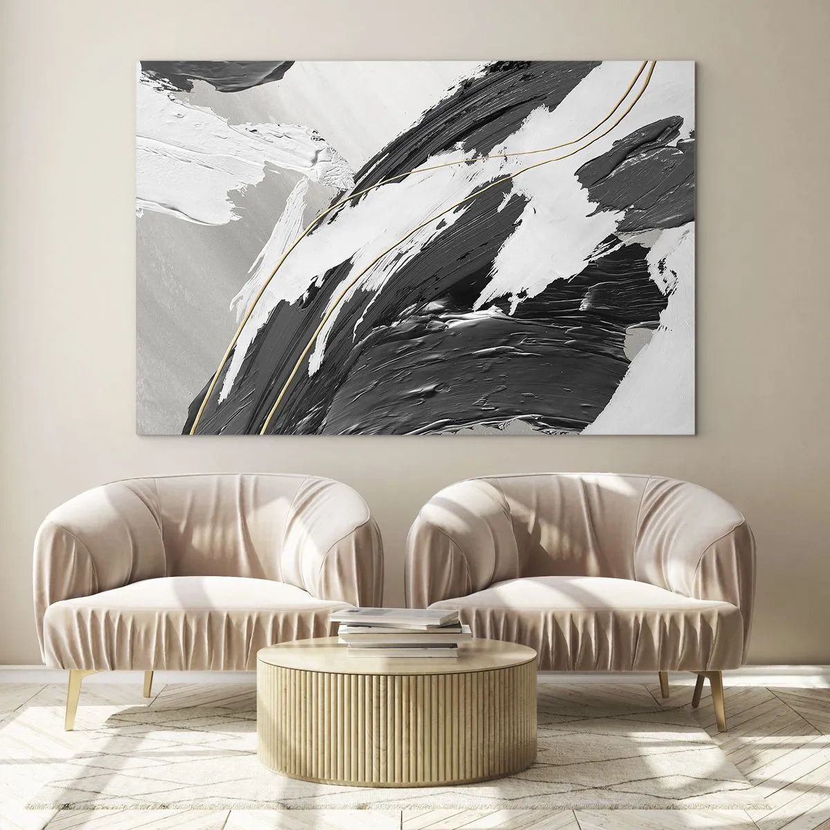 Cuadro sobre vidrio - Impresiones sobre Vidrio - Trazos dinámicos de blanco y negro con acento dorado. - 70x50cm - Abstracción con estilo - Decoración de pared moderna para salón y dormitorio ARTTOR