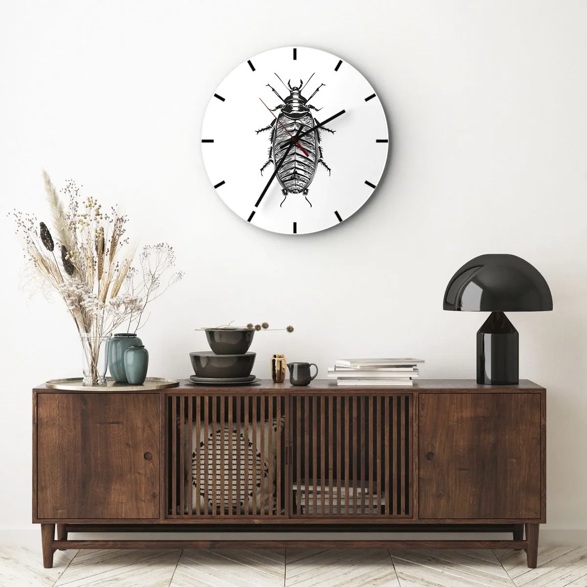 Reloj de pared - Reloj de vidrio - Un gráfico de un insecto en el estilo de un grabado sobre un fondo blanco. - 30x30cm - ¡Qué espécimen! - Decoración de pared moderna para salón, cocina y dormitorio ARTTOR